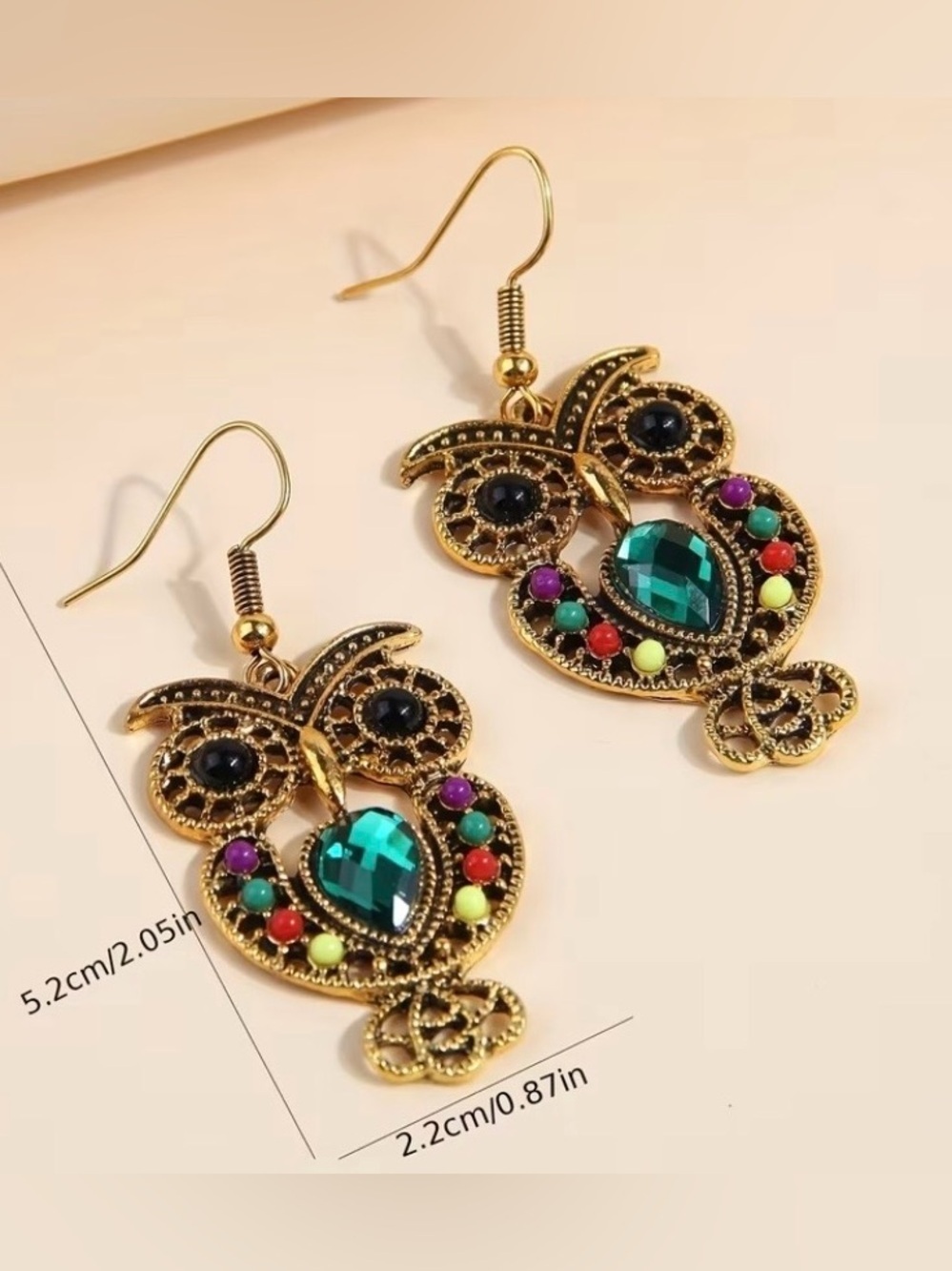 NEW! Gold-Tone Owl Drop Earrings with Emerald Green Gemstones. A0-4 - Picture 4 of 5